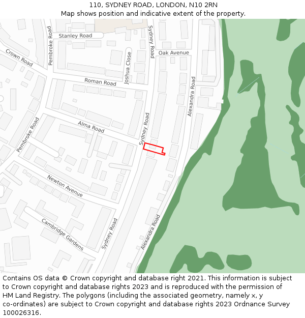 110, SYDNEY ROAD, LONDON, N10 2RN: Location map and indicative extent of plot