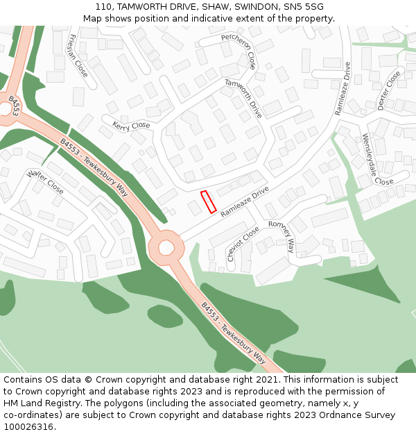 110, TAMWORTH DRIVE, SHAW, SWINDON, SN5 5SG: Location map and indicative extent of plot