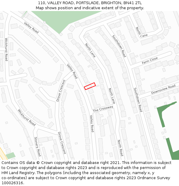 110, VALLEY ROAD, PORTSLADE, BRIGHTON, BN41 2TL: Location map and indicative extent of plot