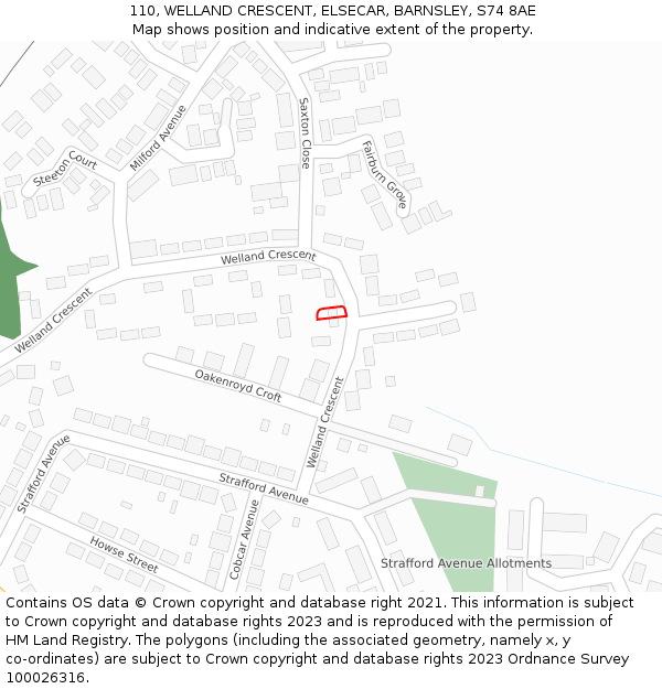 110, WELLAND CRESCENT, ELSECAR, BARNSLEY, S74 8AE: Location map and indicative extent of plot