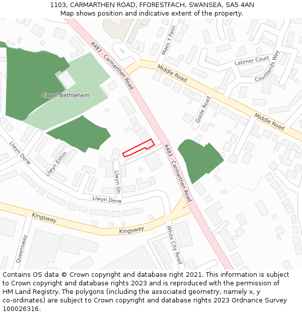 1103, CARMARTHEN ROAD, FFORESTFACH, SWANSEA, SA5 4AN: Location map and indicative extent of plot