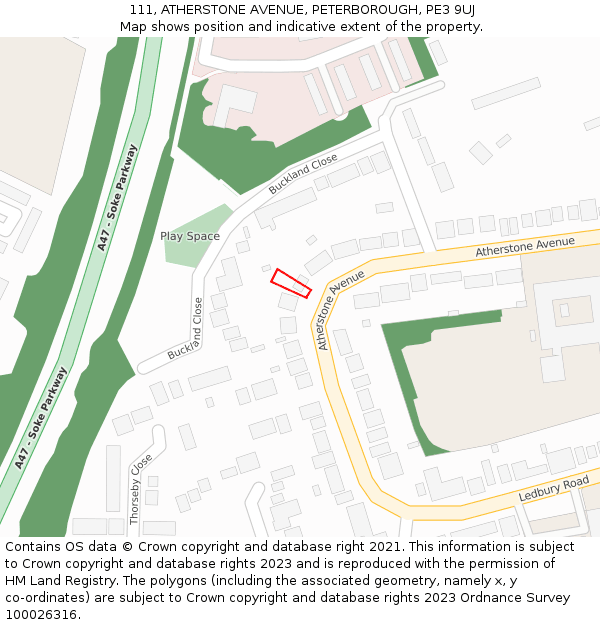 111, ATHERSTONE AVENUE, PETERBOROUGH, PE3 9UJ: Location map and indicative extent of plot