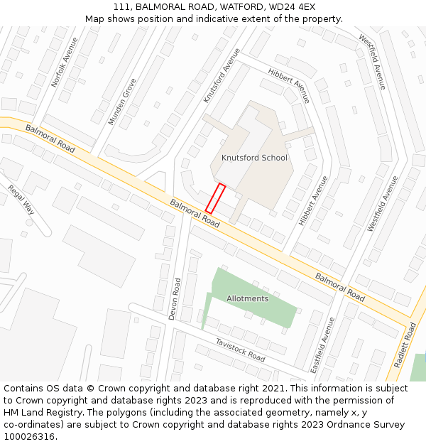 111, BALMORAL ROAD, WATFORD, WD24 4EX: Location map and indicative extent of plot