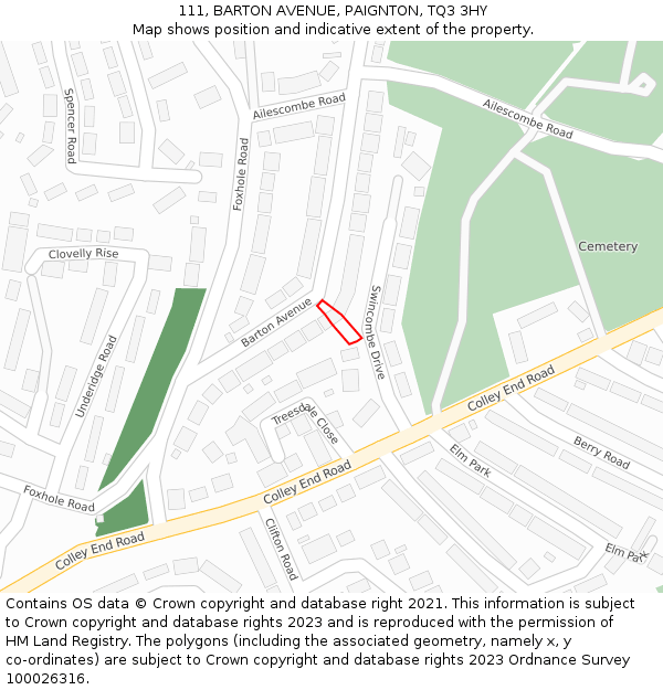 111, BARTON AVENUE, PAIGNTON, TQ3 3HY: Location map and indicative extent of plot