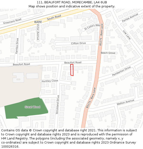 111, BEAUFORT ROAD, MORECAMBE, LA4 6UB: Location map and indicative extent of plot