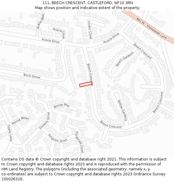 111, BEECH CRESCENT, CASTLEFORD, WF10 3RN: Location map and indicative extent of plot