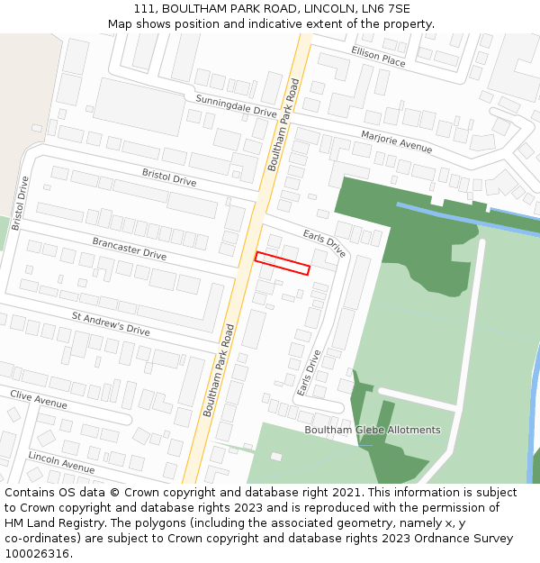 111, BOULTHAM PARK ROAD, LINCOLN, LN6 7SE: Location map and indicative extent of plot