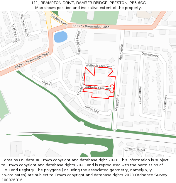 111, BRAMPTON DRIVE, BAMBER BRIDGE, PRESTON, PR5 6SG: Location map and indicative extent of plot
