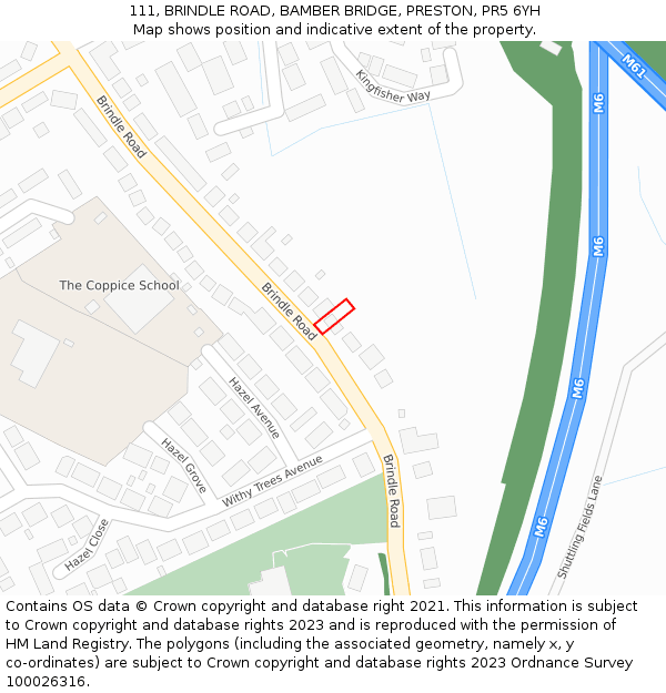 111, BRINDLE ROAD, BAMBER BRIDGE, PRESTON, PR5 6YH: Location map and indicative extent of plot