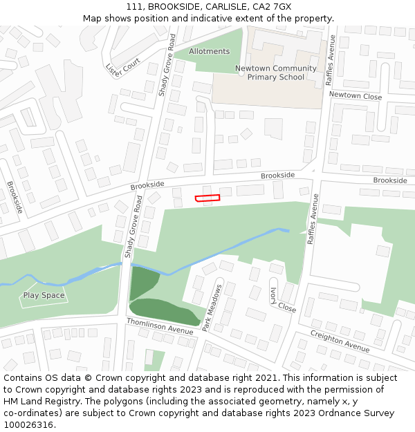 111, BROOKSIDE, CARLISLE, CA2 7GX: Location map and indicative extent of plot