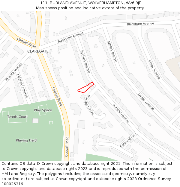 111, BURLAND AVENUE, WOLVERHAMPTON, WV6 9JF: Location map and indicative extent of plot