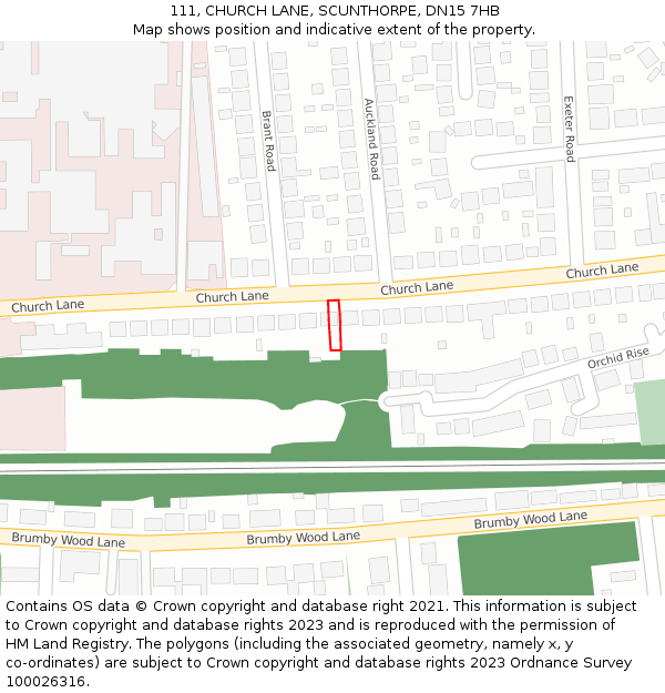111, CHURCH LANE, SCUNTHORPE, DN15 7HB: Location map and indicative extent of plot