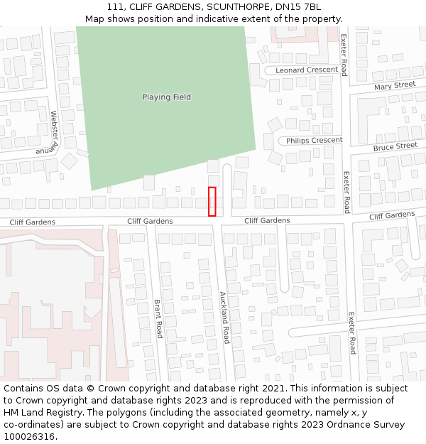 111, CLIFF GARDENS, SCUNTHORPE, DN15 7BL: Location map and indicative extent of plot