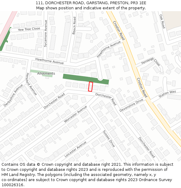 111, DORCHESTER ROAD, GARSTANG, PRESTON, PR3 1EE: Location map and indicative extent of plot