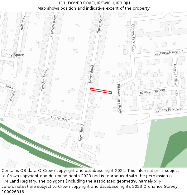 111, DOVER ROAD, IPSWICH, IP3 8JH: Location map and indicative extent of plot
