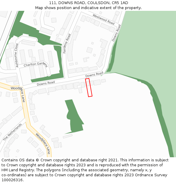 111, DOWNS ROAD, COULSDON, CR5 1AD: Location map and indicative extent of plot