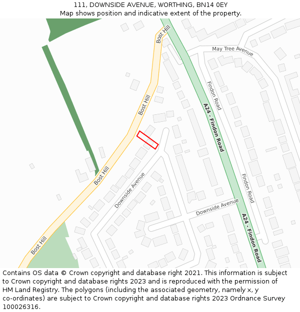 111, DOWNSIDE AVENUE, WORTHING, BN14 0EY: Location map and indicative extent of plot