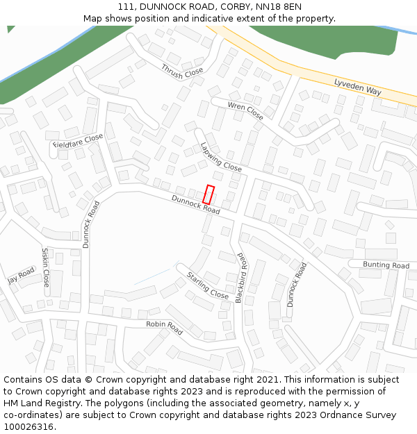 111, DUNNOCK ROAD, CORBY, NN18 8EN: Location map and indicative extent of plot