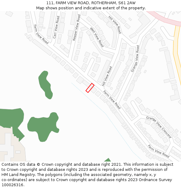 111, FARM VIEW ROAD, ROTHERHAM, S61 2AW: Location map and indicative extent of plot