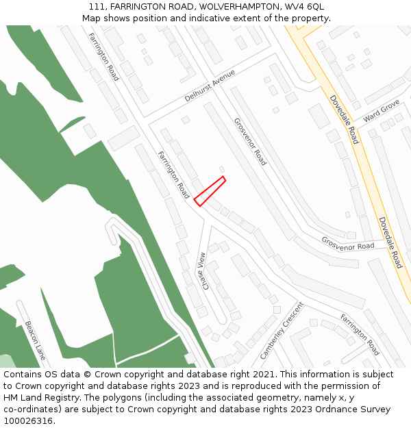 111, FARRINGTON ROAD, WOLVERHAMPTON, WV4 6QL: Location map and indicative extent of plot