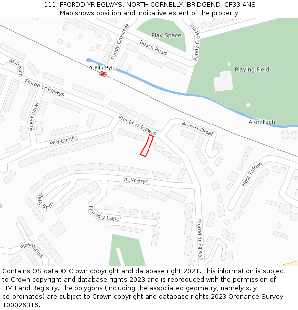 111, FFORDD YR EGLWYS, NORTH CORNELLY, BRIDGEND, CF33 4NS: Location map and indicative extent of plot