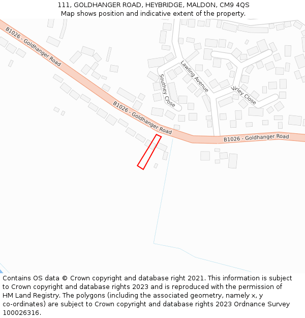 111, GOLDHANGER ROAD, HEYBRIDGE, MALDON, CM9 4QS: Location map and indicative extent of plot