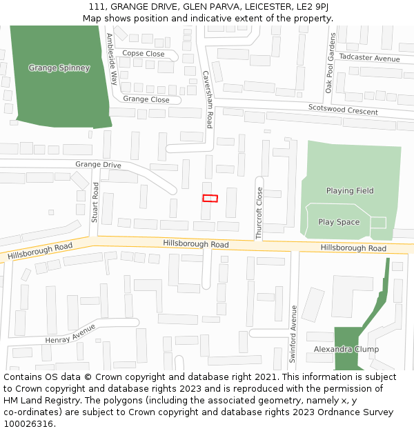 111, GRANGE DRIVE, GLEN PARVA, LEICESTER, LE2 9PJ: Location map and indicative extent of plot