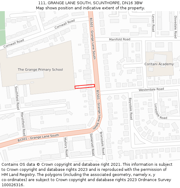 111, GRANGE LANE SOUTH, SCUNTHORPE, DN16 3BW: Location map and indicative extent of plot