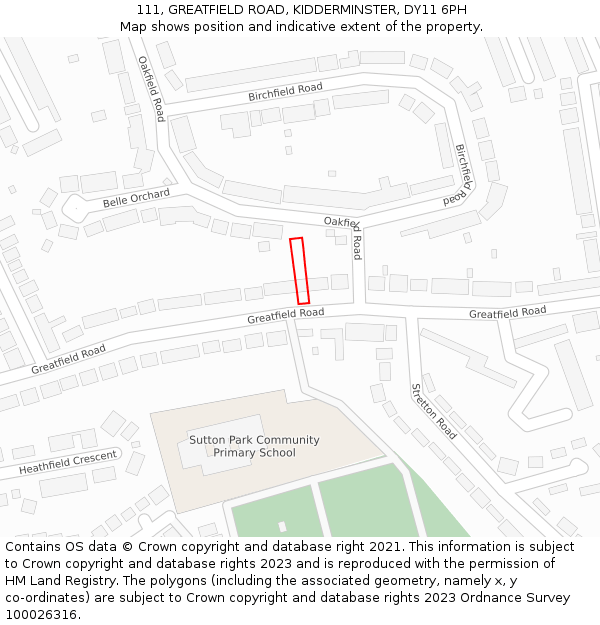 111, GREATFIELD ROAD, KIDDERMINSTER, DY11 6PH: Location map and indicative extent of plot