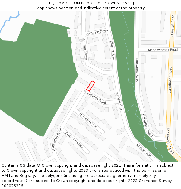 111, HAMBLETON ROAD, HALESOWEN, B63 1JT: Location map and indicative extent of plot