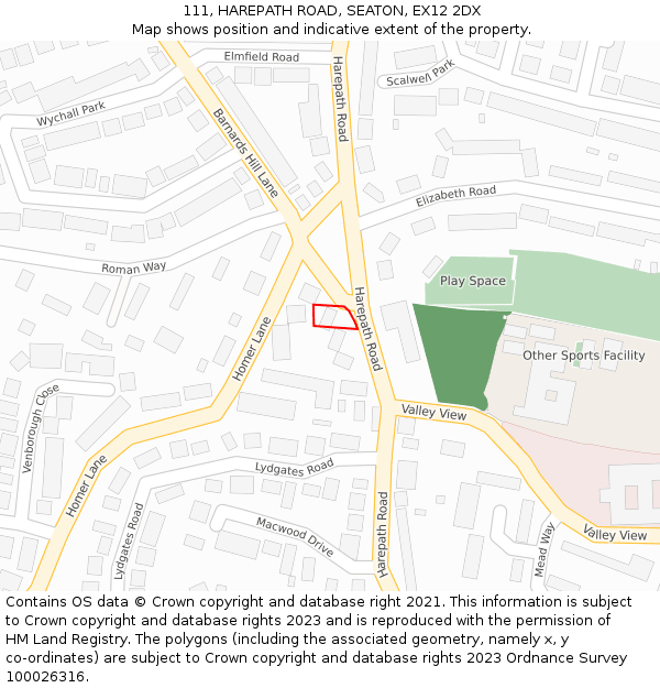 111, HAREPATH ROAD, SEATON, EX12 2DX: Location map and indicative extent of plot