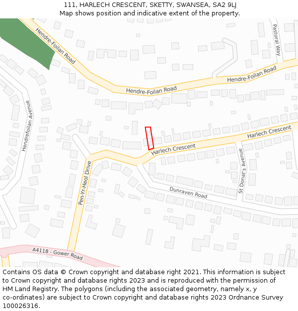 111, HARLECH CRESCENT, SKETTY, SWANSEA, SA2 9LJ: Location map and indicative extent of plot