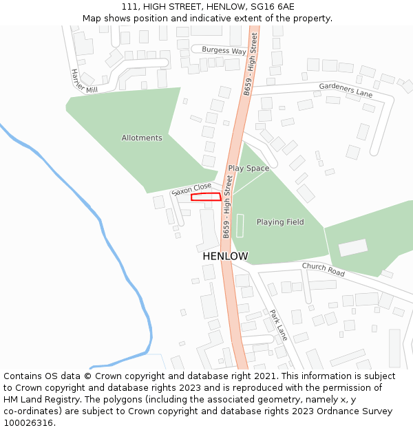 111, HIGH STREET, HENLOW, SG16 6AE: Location map and indicative extent of plot