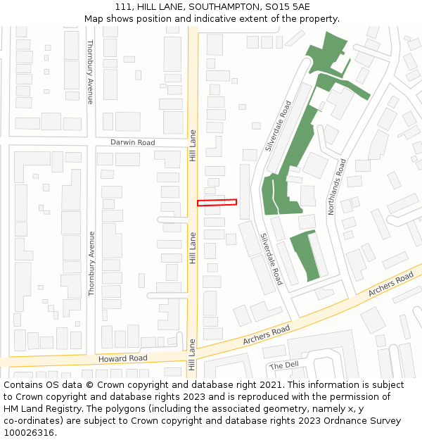 111, HILL LANE, SOUTHAMPTON, SO15 5AE: Location map and indicative extent of plot