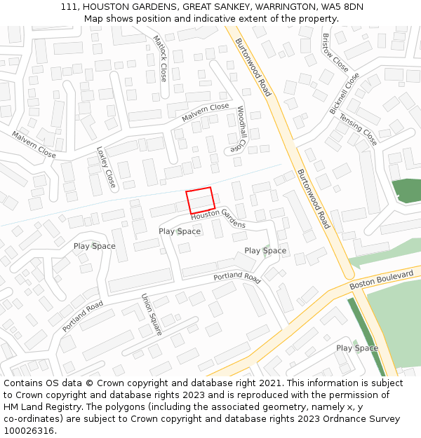 111, HOUSTON GARDENS, GREAT SANKEY, WARRINGTON, WA5 8DN: Location map and indicative extent of plot