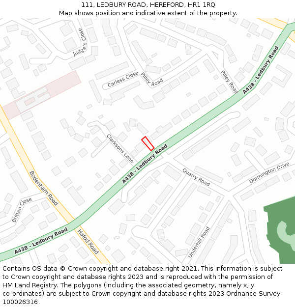 111, LEDBURY ROAD, HEREFORD, HR1 1RQ: Location map and indicative extent of plot