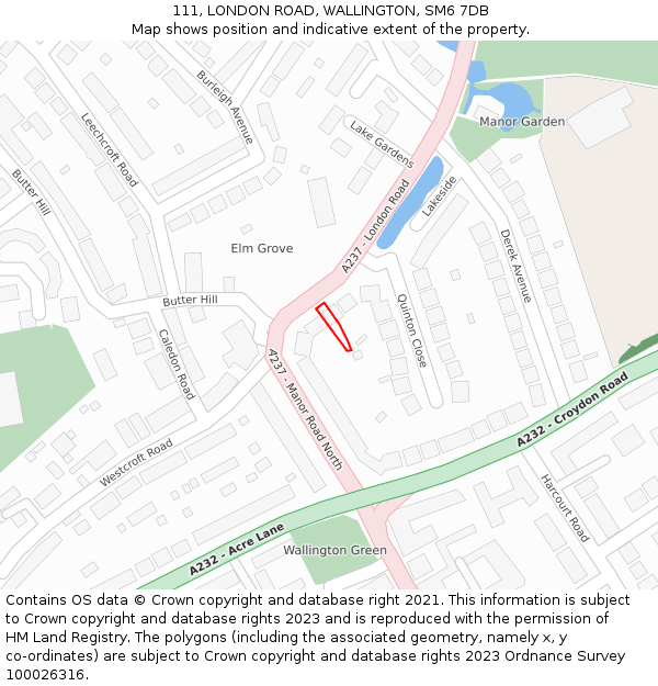 111, LONDON ROAD, WALLINGTON, SM6 7DB: Location map and indicative extent of plot