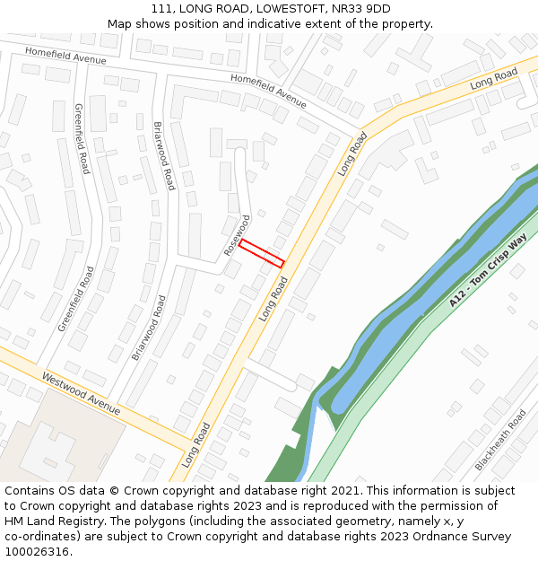 111, LONG ROAD, LOWESTOFT, NR33 9DD: Location map and indicative extent of plot