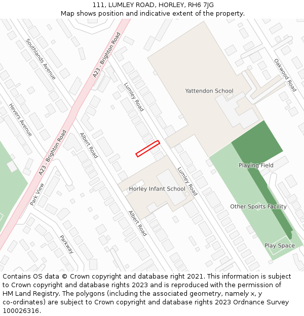 111, LUMLEY ROAD, HORLEY, RH6 7JG: Location map and indicative extent of plot