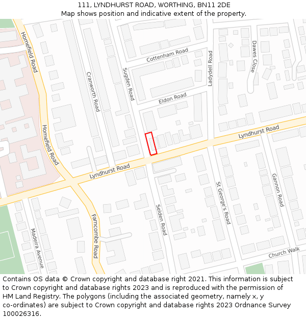 111, LYNDHURST ROAD, WORTHING, BN11 2DE: Location map and indicative extent of plot