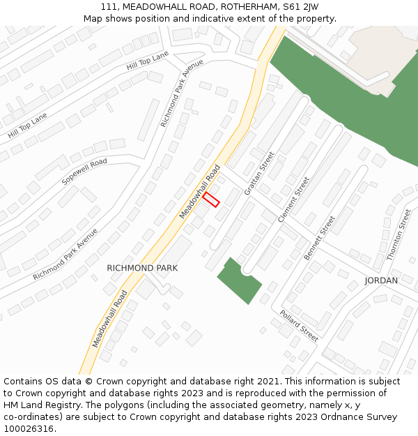 111, MEADOWHALL ROAD, ROTHERHAM, S61 2JW: Location map and indicative extent of plot