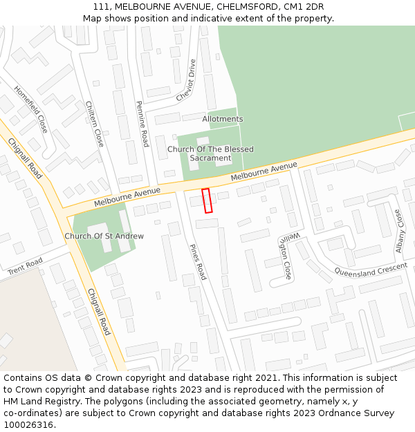 111, MELBOURNE AVENUE, CHELMSFORD, CM1 2DR: Location map and indicative extent of plot