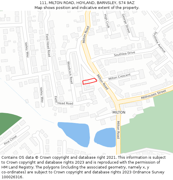 111, MILTON ROAD, HOYLAND, BARNSLEY, S74 9AZ: Location map and indicative extent of plot