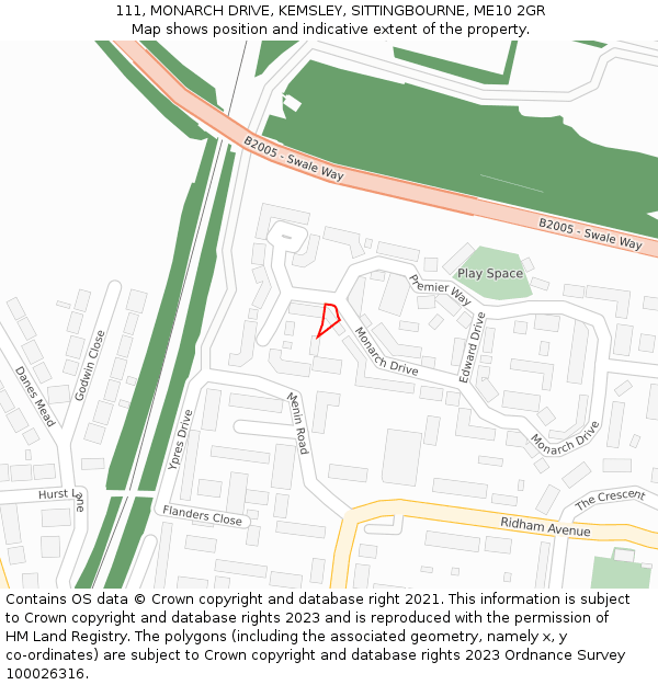 111, MONARCH DRIVE, KEMSLEY, SITTINGBOURNE, ME10 2GR: Location map and indicative extent of plot