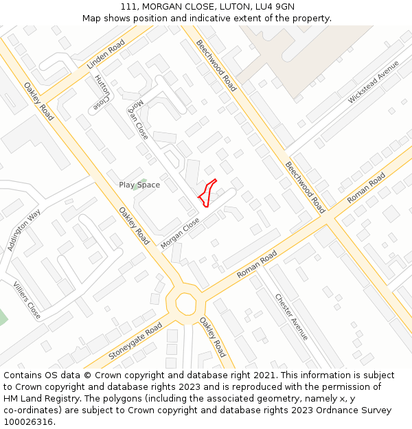 111, MORGAN CLOSE, LUTON, LU4 9GN: Location map and indicative extent of plot