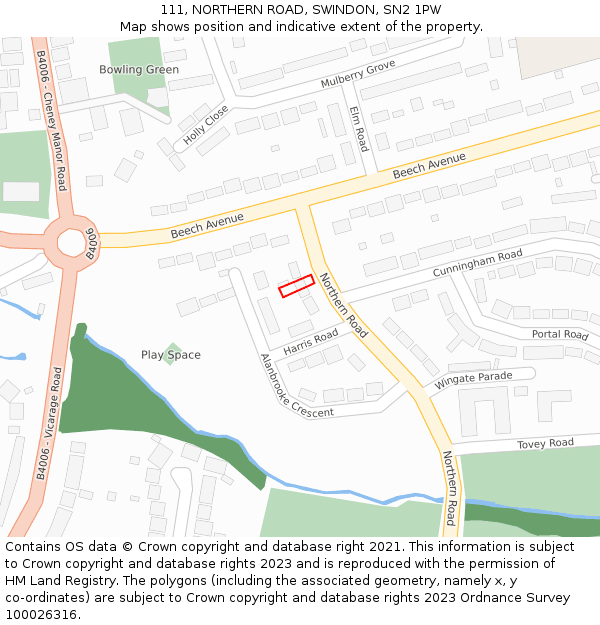 111, NORTHERN ROAD, SWINDON, SN2 1PW: Location map and indicative extent of plot