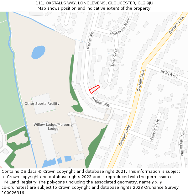 111, OXSTALLS WAY, LONGLEVENS, GLOUCESTER, GL2 9JU: Location map and indicative extent of plot