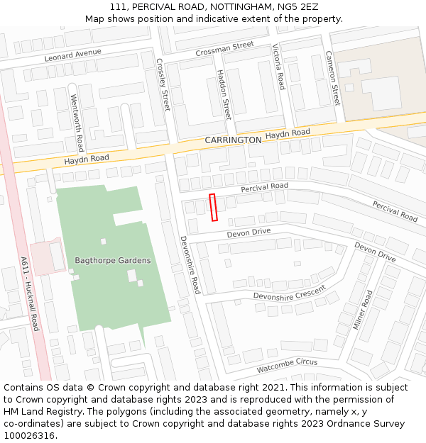 111, PERCIVAL ROAD, NOTTINGHAM, NG5 2EZ: Location map and indicative extent of plot