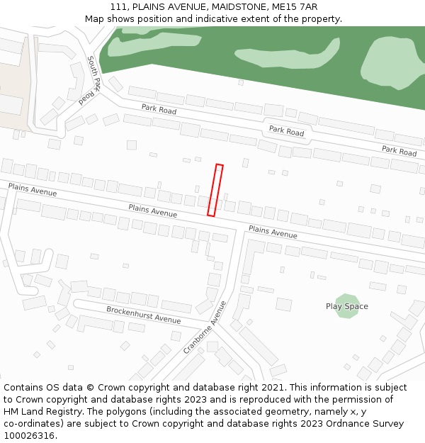 111, PLAINS AVENUE, MAIDSTONE, ME15 7AR: Location map and indicative extent of plot