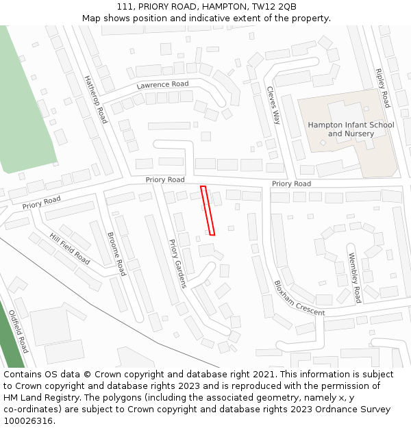 111, PRIORY ROAD, HAMPTON, TW12 2QB: Location map and indicative extent of plot